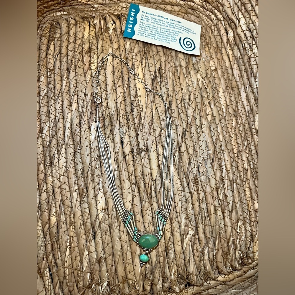 Sterling Liquid Silver Heshi Green Turquoise 5 Strand Necklace in box - Picture 9 of 11